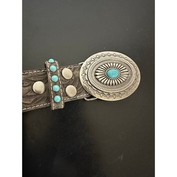 Western Cowgirl 100% Genuine Leather Belt Women S/M Turquoise Buckle Festival - Picture 3 of 6
